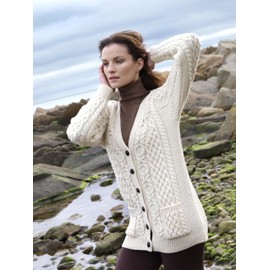 Aran Crafts Women's Irish Cable Knit Soft Buttoned Cardigan (100% Merino Wool), natural
