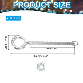 MECCANIXITY Threaded Eye Bolts M4x45 Carbon Steel Eye Hooks Screws with Hex Nuts for Metal Hook Wood Terminal Ring Hooks Hanging, Pack of 15