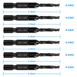 6-Piece 8-32NC Combination Drill Tap Countersink Bit Set SAE, Made of High-Speed Steel with Anti-Rust Blackened Coating, Ideal for Soft Metal, Wood & Plastic, 8-32NC Thread Size, 1/4” Hex Shank