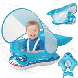 Salvagente Neonato con Parasole UPF 50+ Ninonly Salvagente Bambino con Parasole Design Squalo e Campanello, Piscina Gonfiabile Bambini Anti-Ribaltamento per Piscina 12-36 Mesi