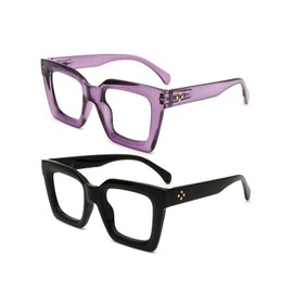 HoouMoou Stylish Oversized Squarer Reading Glasses for Women Funky Blue Light Blocking Glasses Fashion Designer Readers with Spring Hinge(Black + Purple, 3.0x)