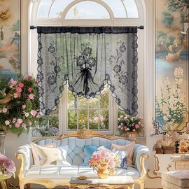 NewWPKIRA 1 Panel Black Floral Embroidery Sheer Lace Curtain Valance Princess Style Embroidered Waterfall Swag Curtain Valance Tier for Kitchen Bathroom Half Window Decoration, Rod Pocket Top