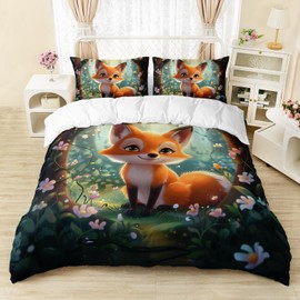 AILONEN Kawaii Fox Duvet Cover Set Twin Size,Orange Cartoon Fox Kids Bedding Set for Bedroom Decor,3 Pieces Forest Fox Comforter Cover Set Breathable Duvet Cover with 2 Pillowcases for Boys Girls