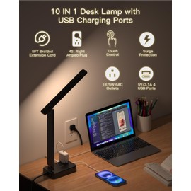 One Beat Desk Lamp with 6 Outlets 4 USB Ports(2×USB-C),Eye Protection Table Lamp Power Strip with 4 Color Modes 5 Brightness Touch LED Desk Lamps for Home Office College Dorm Room Essentials(Black)