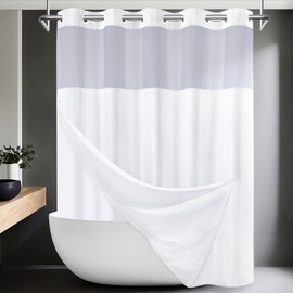 SORTTO No Hook Shower Curtain with Snap in Liner Set Waffle Shower Curtain for Bathroom Hotel Style Fabric Waterproof Inner Liner，71" W x 80" H, White
