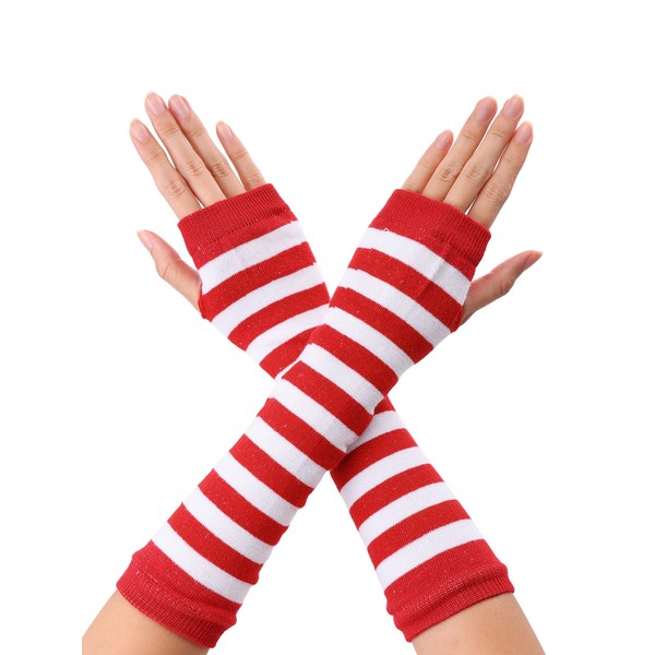 [uxcell] Knit Fingerless Thumb Hole Elbow Length Glove Warmer Stripe