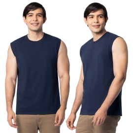 Fruit of The Loom Men's Eversoft Cotton Sleeveless T Shirts, Breathable & Moisture Wicking with Odor Control, Sizes S-4X, Muscle-2 Pack-Navy, X-Large