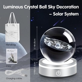 3D Solar System Crystal Ball with LED Colorful Lighting Touch Base, 80mm Solar System Model Decor | Science Astronomy Gifts | Solar System Planets for Kids | Home Decorations