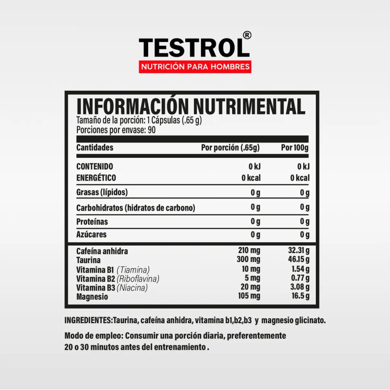 Cafeína 210 Mg | Testrol Platinum | 90 Cápsulas Sin