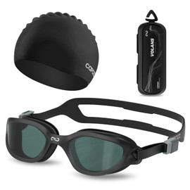COPOZZ Swim Goggles and Swim Cap Set – Anti-Fog, UV Protection, Comfort Fit for Indoor & Outdoor Swimming(Black Goggles and Black Cap)