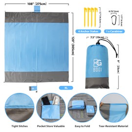 BOGI Sand Proof Beach Blanket, 108" X 120" Large Oversized Waterproof Sandless Beach Mat for 6-10 Adults, Outdoor Lightweight Compact Sand Free Picnic Blanket for Beach Travel Camping Hiking Picnic