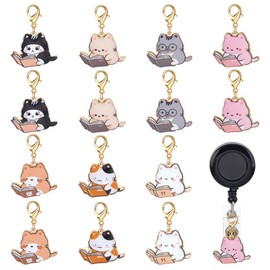 WEBEEDY 14 Pcs Book Cat Badge Reel Charm for Custom ID Holders,7 Styles Cute Bookish Kitty ID Holder Charm with Lobster Clasp for Nurses Office Workers Teachers Lanyard Supplies Accessories