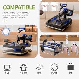 Pterying 8 in 1 Pro Heat Press Machine 15 × 15 Inch, Third Generation 360° Swing Away T Shirt Press Machine with Dual-Tube Heating, Sublimation Heat Press Machine for T Shirts Hat Cap Mug Plate
