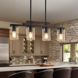 Farmhouse Wood Kitchen Island Lighting, 4-Light Adjustable Chandelier for Dining Room, Seeded Glass Shade Dining Room Light Fixture Over Table, Black Hanging Pendant Lights for Kitchen, Pool Table