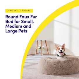 Dog & Cat Bed: Round Faux Fur Pet Bed - Plush, Cozy, & Calming Donut Bed for Medium Pets - Soft & Comfortable Sleeping Cushion for Napping & Lounging, 23" Round, Taupe