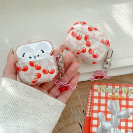 JANDM for AirPods Cherry Case with Keychain,Clear Shockproof Soft Clear Women Girls Case with Cute Bow Cherry with Keychain for AirPods 1/2