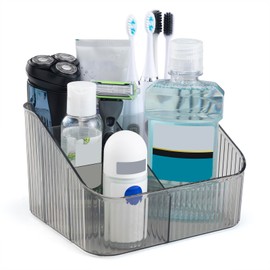 Toothbrush Holder 4 Slots Toothbrush Holders for Bathroom Plastic Countertop Toothbrush and Toothpaste Holders Bathroom Organizers and Storage Stand for Electric Toothbrushes, Floss (Translucent Gray)