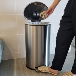 iTouchless SoftStep 8 Gallon Trash Can with Removable Inner Bucket and AbsorbX Odor Filter, Stainless Steel, 30 Liter Semi-Round Step Pedal Garbage Bin for Kitchen, Bathroom, Office, Quiet Lid Close