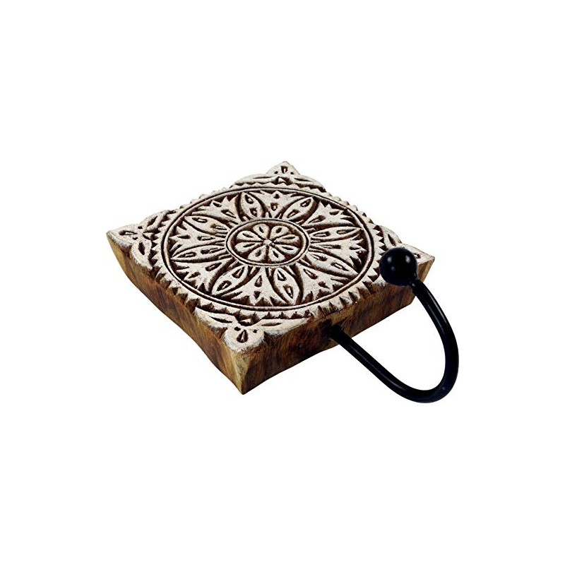 GURU SHOP Indian Wall Hook Ornament - Flower, Brown, Wood,