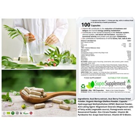 Immune System Support Acai Berry Organic Moringa, Vitamins and Minerals, with Vitamin B6 and Zinc 100 Capsules Food Supplement Suitable for Vegetarian and Vegans.