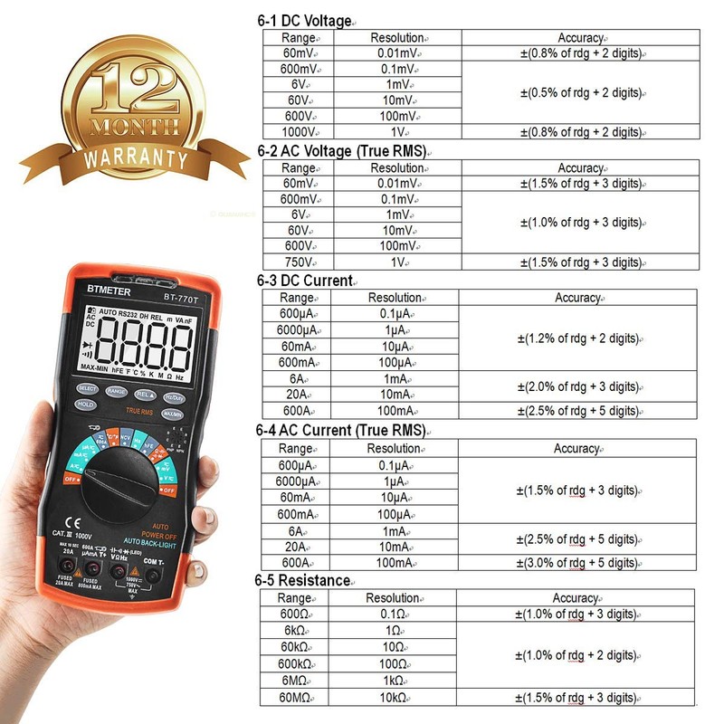 True RMS Digital Multimeter Tester 6000 Counts AC DC 20A