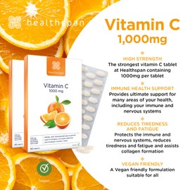 Healthspan Vitamin C 1,000mg (10 Months' Supply) | Support Your Immune Health | Reduces Tiredness & Fatigue and Supports Joint, Skin & Bone Health | Vegan