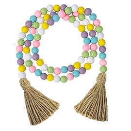 Easter Wood Bead Garland, Wooden Beads with Tassels Shaped Pendant Boho Decor Hanging Beads Easter Decorations
