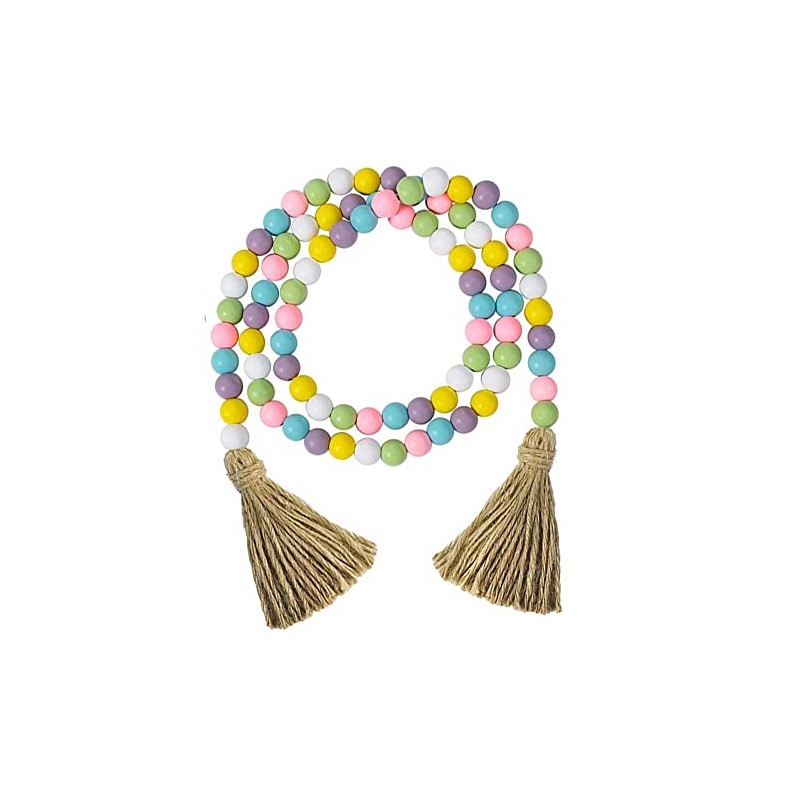 Easter Wood Bead Garland, Wooden Beads with Tassels Shaped Pendant