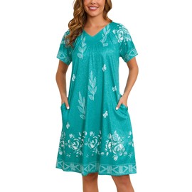 Marvmys House Dresses for Women Moo Moo Nightgown Short Sleeve Mumu Dress with Pockets Lounge Dress Blue Green Floral XL