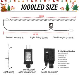 weillsnow 328 FT 1000 LED Christmas String Lights with Remote & Timer, 8 Lighting Modes Twinkle Lights, Waterproof Fairy Lights for Outdoor Bedroom Backyard Tree Wall Christmas Decoration (White)