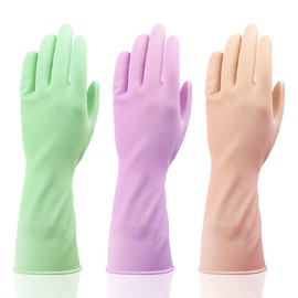 Dishwashing Gloves, 9 Pairs Reusable Medium Kitchen Gloves, Wear-Resistant Natural Latex with Non-Slip Palm, Flocked Liners for Better Grip, Soft Comfort in Purple, Green, Orange for Garden, Toilets