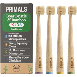 Cepillo de dientes de bambú para niños PRIMALS con cerdas de jabalí, paquete de 4