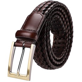 Earnda Men's Genuine Leather Braided Belt Buckle Fashion Woven Brown Strap 33mm 42inches