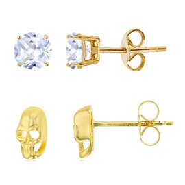 Sterling Silver Yellow 4mm Round Cubic Zirconia Solitaire & Scull Stud Earring Set