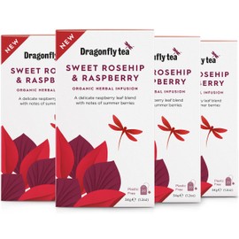 Dragonfly Sweet Rosehip & Raspberry Tea, 4 x 20 Organic Tea Bags (80 Teabags), Delicate & Comforting Raspberry Leaf Tea Bags, Caffeine-Free Fruit Tea, Aromatic & Refreshing, Compostable Tea Bags