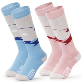 OutdoorMaster Kids Ski Socks, Over the Calf Design, Warm Thermal Snowboard Skating Socks for Boys & Girls(A -Pink Gray+Sky Blue, S, 2 Pairs)