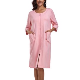 COLORFULLEAF Women's Bathrobe with Zip Lightweight Dressing Gown 100% Cotton House Coat 3/4 Sleeve Nightdress with Pockets, pink