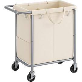 SONGMICS Laundry Basket with Wheels, 2-Section Rolling Laundry Hamper, 37 Gallons (140L), Removable Liner, Steel Frame with Handle, Blanket Storage, 27.2 x 15.4 x 31.9 Inches, Cream White URLS004W01
