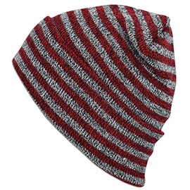 Blended Stripe Beanie Unisex Knit Winter Warm Ski Hat Fold-Up Cap (Red)