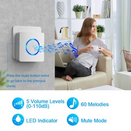 Wireless Doorbell, Plug in Doorbell, VOXON Waterproof Doorbell, 400M (1,312ft) Wireless Range, IP65 Cordless Door Bell, LED Flash, 60 Melodies, 5 Level Volume,36-Month Warranty [Energy Class A+++]