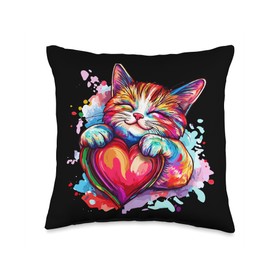 Cat Kitty Hugging Valentine Heart Rainbow Love Throw Pillow
