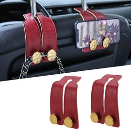 URIZZD 2PCS Leather Car Seat Hooks for Headrest, Vehicle Hanger Storage Organizer Universal for Handbag Purse, Car Accessories Gift (Red-Gold)
