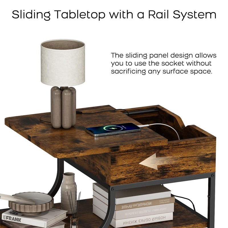 End Table with Charging Station, 3-Tier Sofa Side Table Sliding