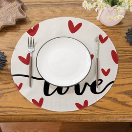 Siilues Valentines Table Runner, Sweet Heart Valentines Decorations Love Valebtines Day Runner for Table Seasonal Holiday Decor for Dining Table (15'' Round Placemats Set of 4, White)