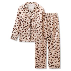 Topgal Big Girls Pajamas Size 14 – Lovely Brown Leopard Long Sleeve & Pants Button Down PJ Set Loungewear