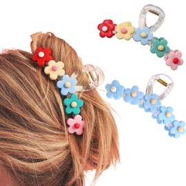 2 Pack Flower motif Big Hair Claw Clips for Women Stylish distinctive shape Hair Claw Large Claw Clip for Thick Curly Thin Hair Strong Hold jaw clips (Color+blue)