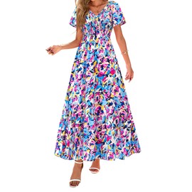 PRETTYGARDEN Boho Dresses for Women 2025 Summer Floral Short Sleeve V Neck Smocked Flowy Beach Vacation Maxi Dress (Multicolored Floral,Small)