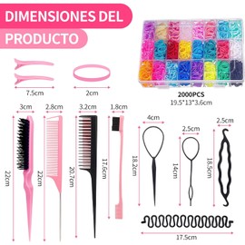 Peines para Peinados de Mujer-Juego de 10 Peines Profesionales+2000 Bandas Elásticas Mini-Kit de Peinados para Niñas y Mujeres-Incluye 24 Colores de Ligas-Color Rosa
