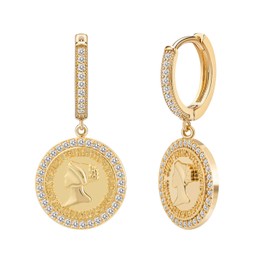 SANNYRA Gold Coin Earrings, Gold Huggie Dangle Earrings for Women, 14K Gold Plated Charm Coin Dainty Hoop Jewelry