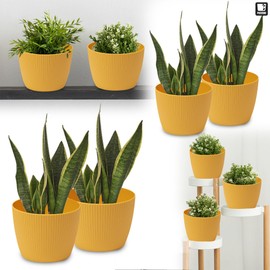 PECZEKO Matte Flower Pot, Plastic Planter, Decorative Pot for Large Plants, 2 x Flower Pot Set, Flower Pot Herb Pot, (2 Pack) Mustard, Diameter 11 cm